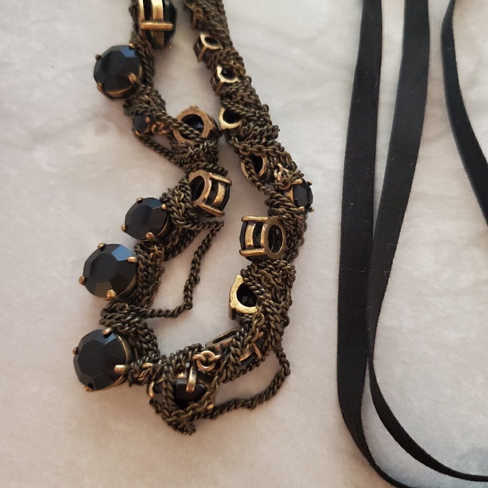 ✨ J.Crew Black Rhinestones Crystals Chain Ribbon Twist Tie Necklace ✨ - Picture 2 of 9